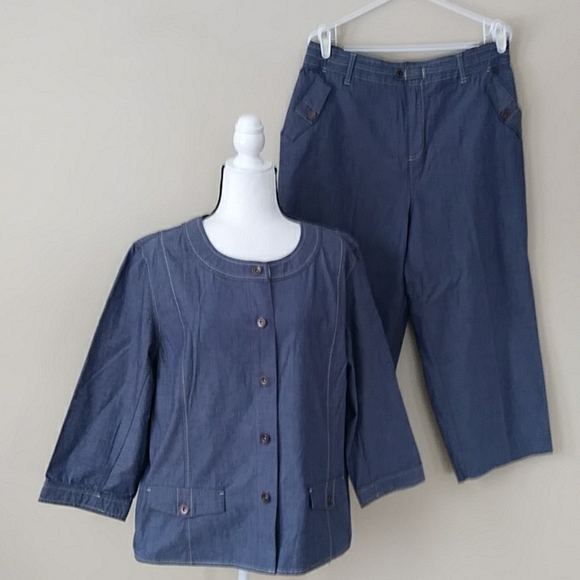 Denim & Co. Two Piece Pantsuit /Top & High-Waisted Cropped Ankle Pants L Blue - Picture 1 of 16